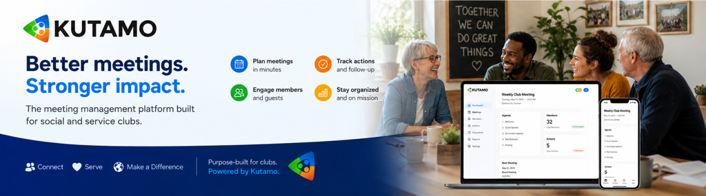 Club dashboard with upcoming meetings, active committees, and recent service-project updates