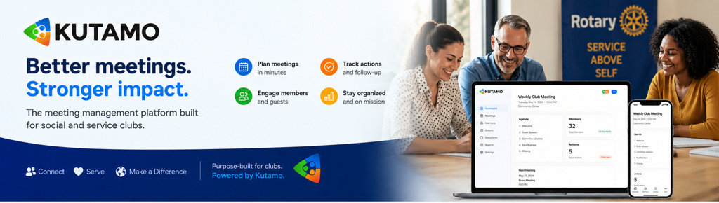 Rotary club dashboard with upcoming meetings, active committees, and recent service-project updates