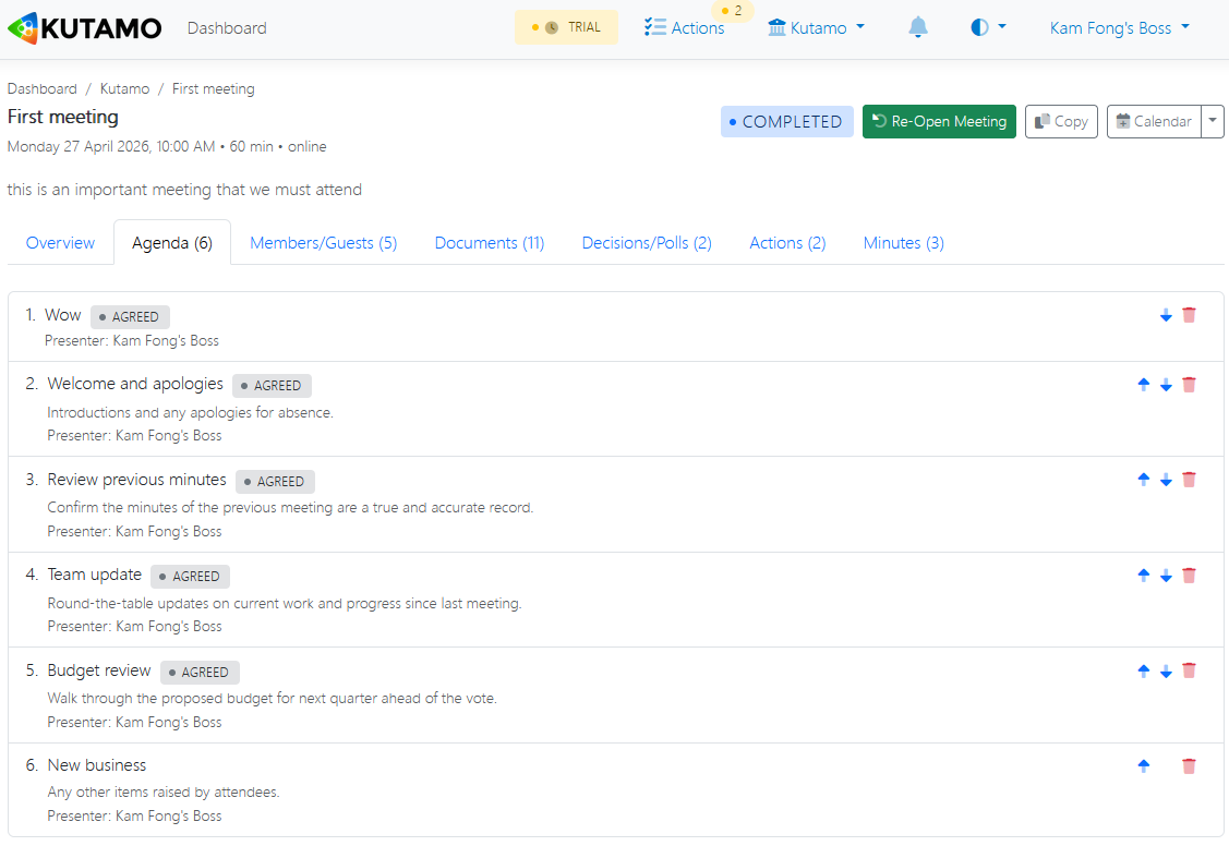 Product screenshot: agenda builder