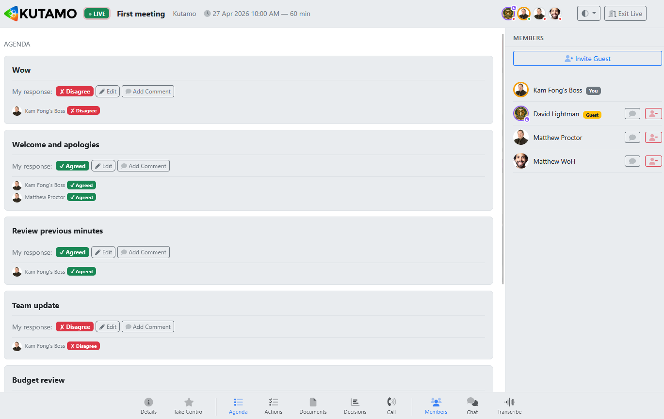 Product screenshot: live meeting minutes