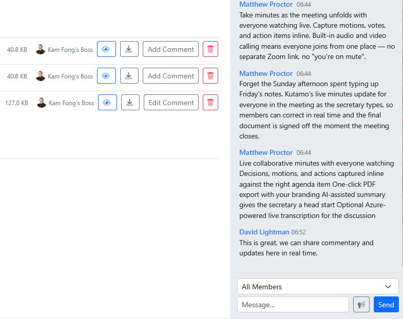 In-meeting chat - public thread + private 1-on-1 DMs with member presence dots