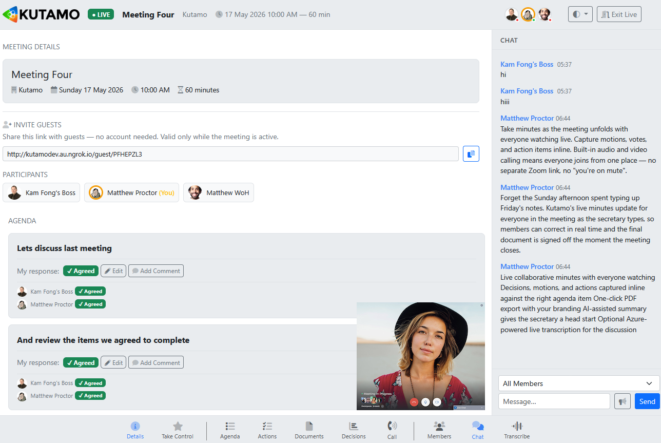 Live meeting view - agenda timer, minutes being typed, vote in progress, attendees online
