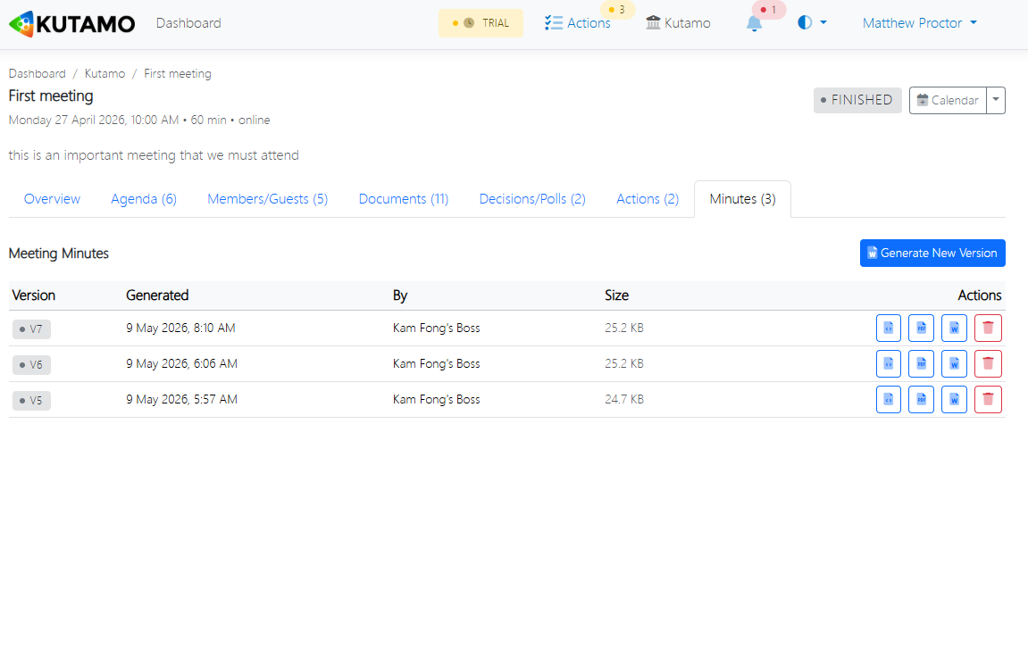 Send Meeting Minutes modal in Kutamo v5